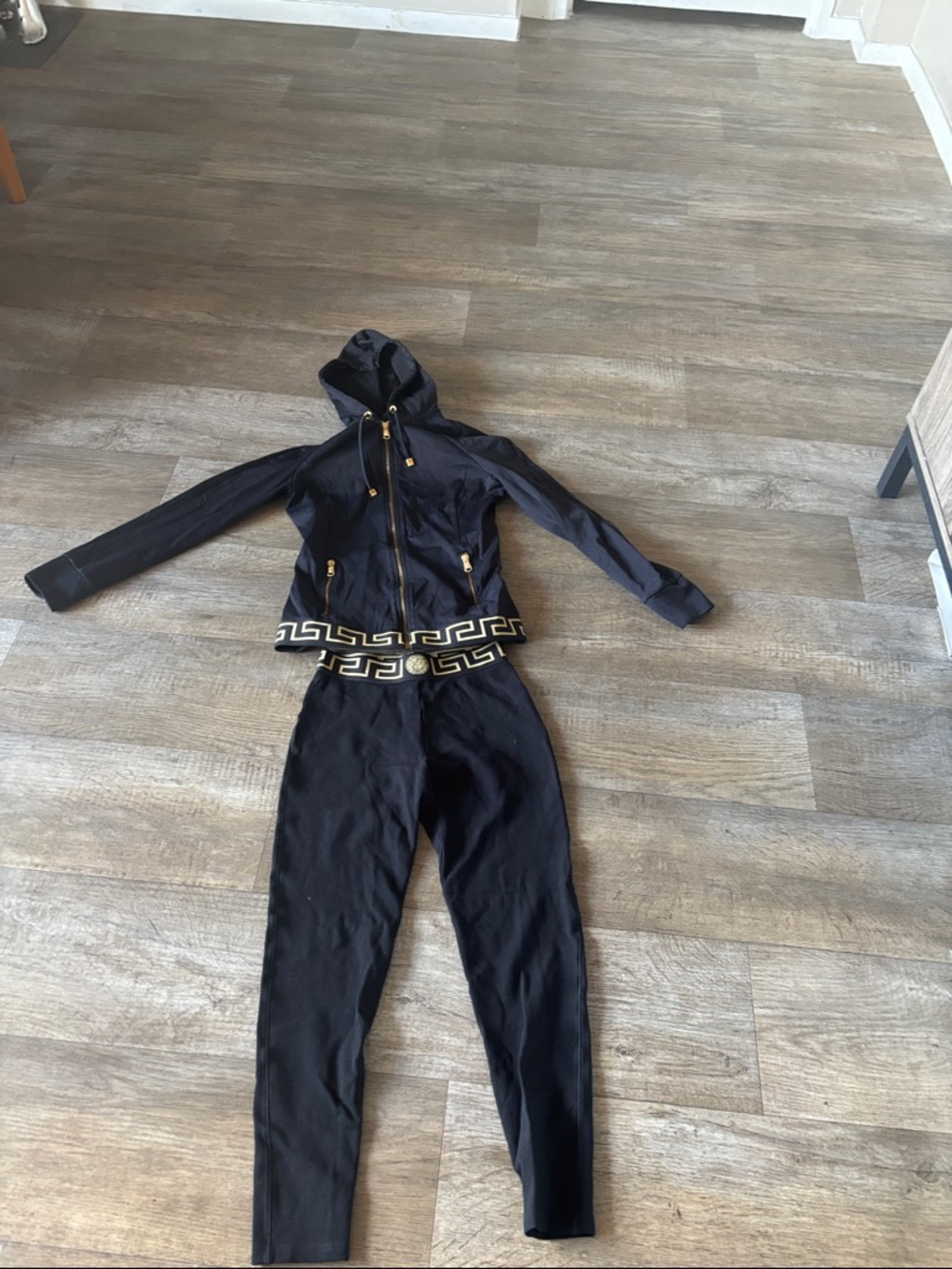 Versace Black Women's Two-Piece Hooded Track Set with Gold Trim